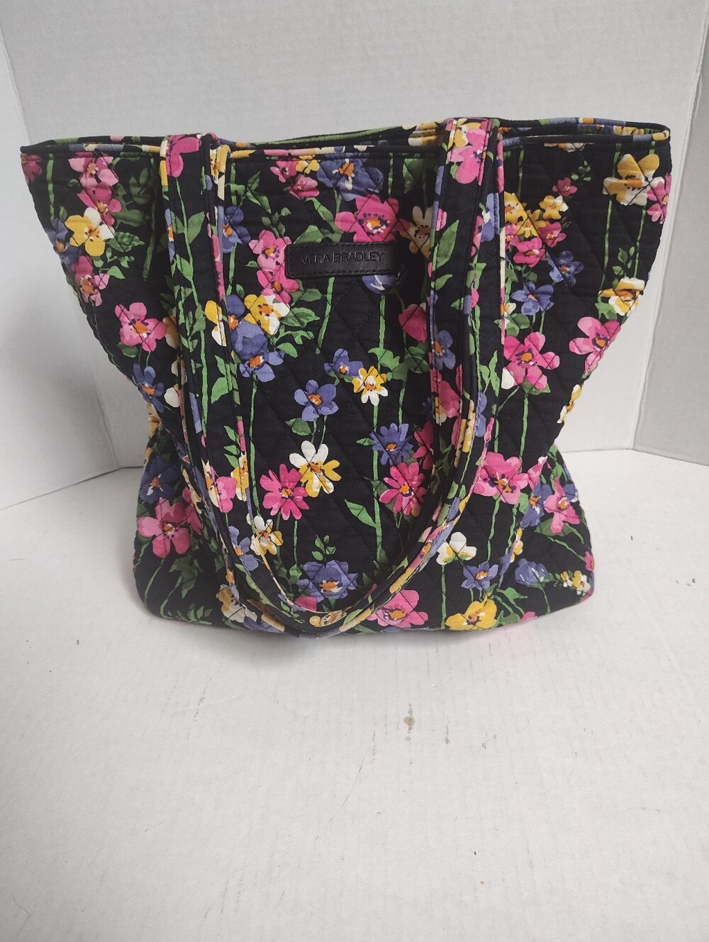 Vera Bradley Black Floral Quilted Tote with Pink, Yellow & Purple Blooms